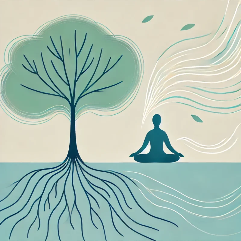 Minimalist illustration of a person meditating under a tree with deep roots, symbolizing stability and calm, surrounded by gentle swirling lines of light in soothing shades of blue, green, and white.