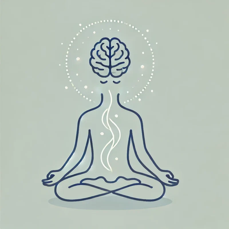 Illustration of a person seated in a meditative pose, practicing breathwork for mental health. Soft glowing lines surround the brain area, symbolizing relaxation, mental clarity, and increased oxygen flow to the brain.