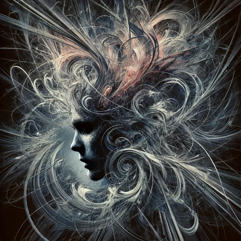 Abstract representation of stress and anxiety with chaotic lines and dark, stormy colors.