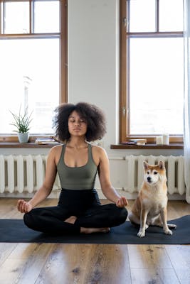 Person sitting in a meditative pose on a yoga mat with a dog sitting beside them in a bright room with large windows.